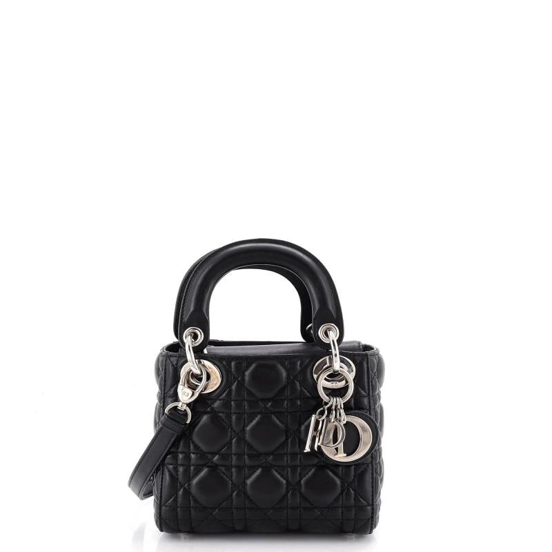 Christian Dior Lady Dior Bag Cannage Quilt Lambskin Mini: Condition: Pre-owned - Good,Brand: Christian Dior,Exterior Material: Leather,Style: Top Handle,Exterior Color: Black,Department: Women,Size: Mini,Accessories: With Strap