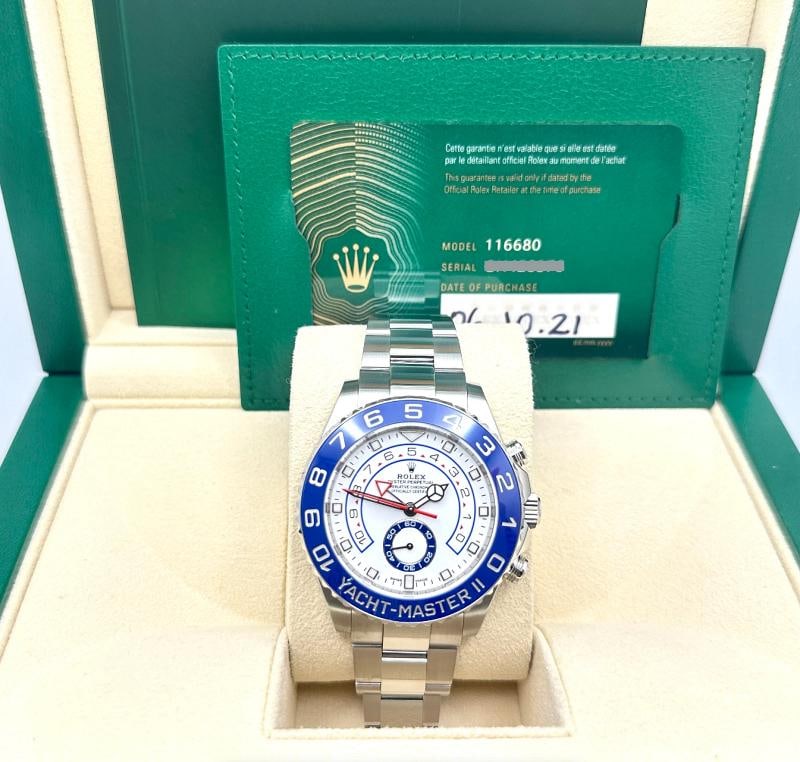 2021 Rolex Yacht Master II 116680 Mercedes Hands Blue Ceramic Steel Box Paper: Condition: Pre-owned - Excellent,Bezel Color: Blue,Year Manufactured: 2020-Now,Band/Strap: Rolex Oyster,Case Color: Silver,Department: Men,Watch Shape: Round,Style: Casual, Classic, Dress/Formal, Form