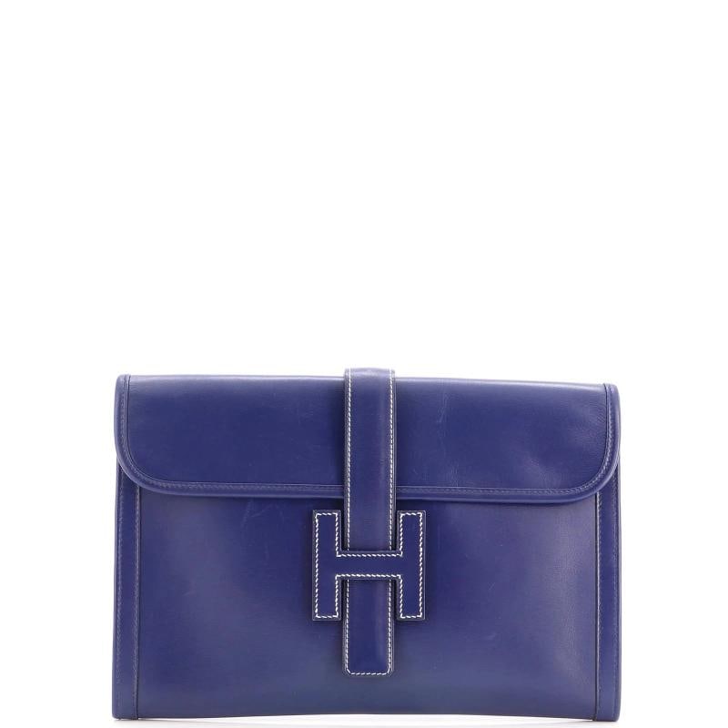 Hermes Jige Clutch Box Calf PM: Condition: Pre-owned - Good,Brand: Hermes,Exterior Material: Leather,Style: Clutches,Exterior Color: Blue,Department: Women,Size: Pm,Accessories: Dust Bag