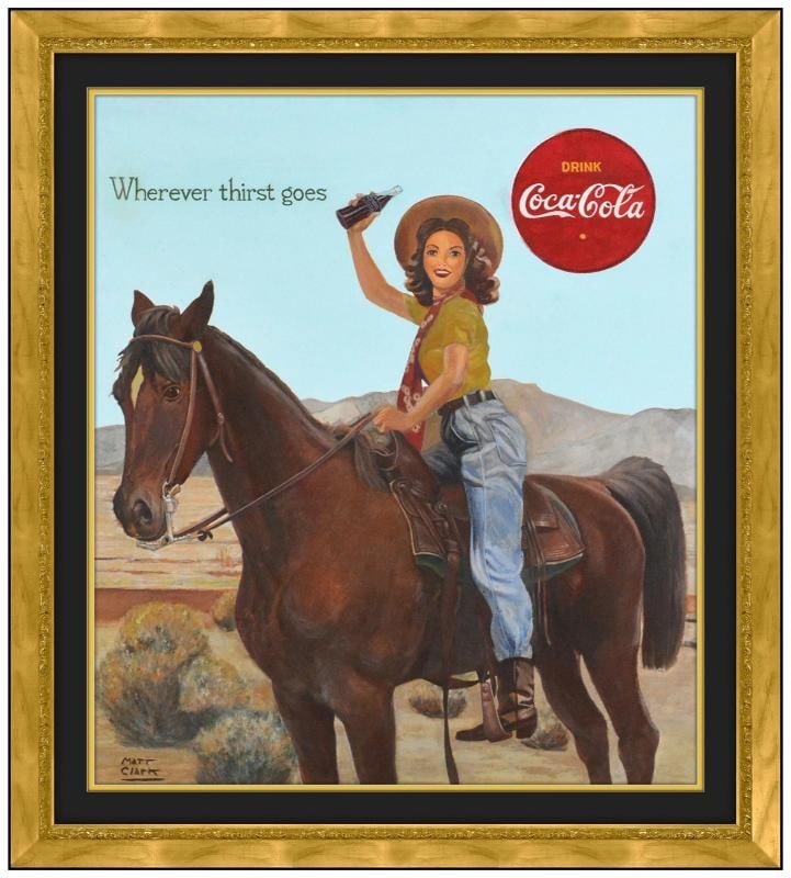 Matt Clark Original Oil Painting on Board Female Figure Horse Signed Framed Art: Condition: Used,Unit of Sale: Single Piece,Artist: Matt Clark,Signed: Yes,Title: Coca Cola - Wherever Thirst Goes,Material: Canvas,Certificate of Authenticity (COA): Yes,Framing: Framed,Subject: