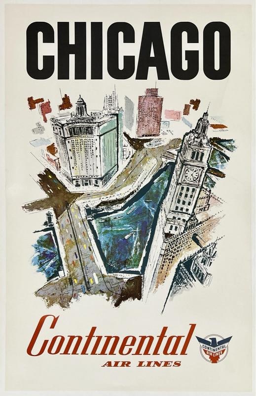 Original Vintage Poster CHICAGO - CONTINENTAL AIR LINES Airline Travel LINEN: Dimensions: 25.2 x 39.4 in. / 64 x 100 cm.; Circa: 1950s Original vintage "CHICAGO - CONTINENTAL AIRLINES" airline travel poster printed circa 1950s.