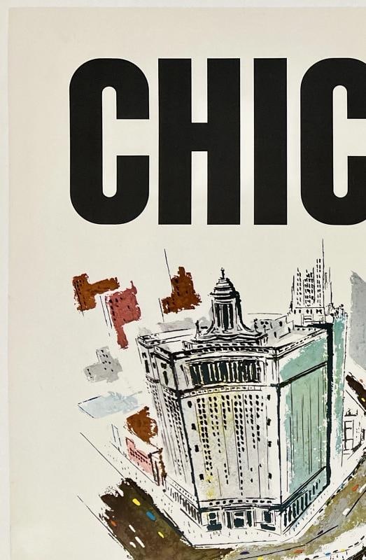 Original Vintage Poster CHICAGO - CONTINENTAL AIR LINES Airline Travel LINEN - 2