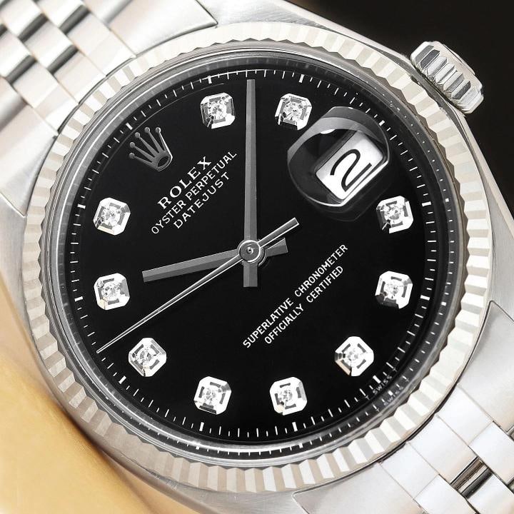 ROLEX MENS DATEJUST BLACK DIAMOND DIAL 18K WHITE GOLD STEEL WATCH w/ FOLDED BAND: Condition: Pre-owned - Excellent,Bezel Color: Silver,Max Wrist Size: 7.26-7.5 in,Number of Jewels: 26 Jewels,Indices: Diamond Markers, 12-Hour Dial,Bezel: Rolex 18K White Gold Fluted