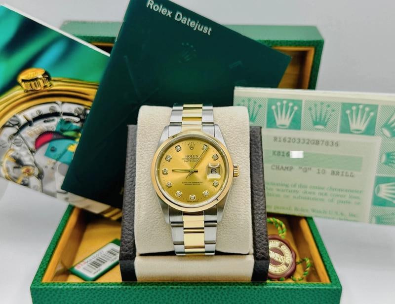 Rolex Datejust 16203 36mm Champagne Diamond Dial 18K Gold Steel Box Paper: Condition: Pre-owned - Excellent,Country of Origin: Switzerland,Bezel Color: Gold, Yellow,Indices: Diamond Markers,Year Manufactured: 2000-2009,Band/Strap: Rolex Oyster,Case Color: Silver,Department: 