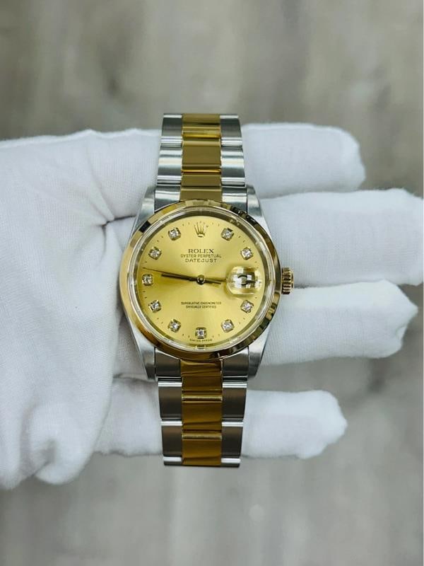 Rolex Datejust 16203 36mm Champagne Diamond Dial 18K Gold Steel Box Paper - 3