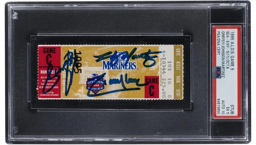 Ken Griffey Jr. & Randy Johnson Signed 1995 ALDS Game 5 Ticket PSA 10 GEM MINT: Sport: Baseball,Signed: Yes,Autograph Authentication: Professional Sports Authenticator (PSA),Original/Reprint: Original,Product: Ticket Stub,Country of Origin: United States