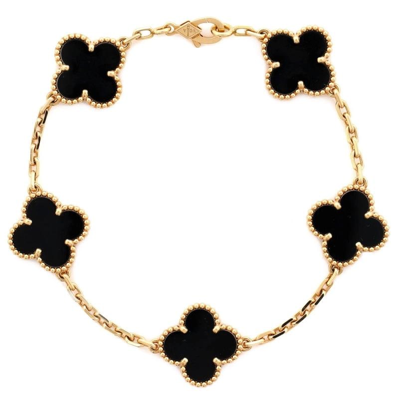 Van Cleef & Arpels Vintage Alhambra 5 Motifs Bracelet 18K Yellow Gold and Onyx: Condition: Pre-owned - Good,Brand: Van Cleef & Arpels,Main Stone: Onyx,Metal: 18K Yellow Gold,Metal Purity: 18K,Style: Bracelet,Type: Bracelet,Color: Yellow Gold,Material: 18K Yellow Gold, Onyx