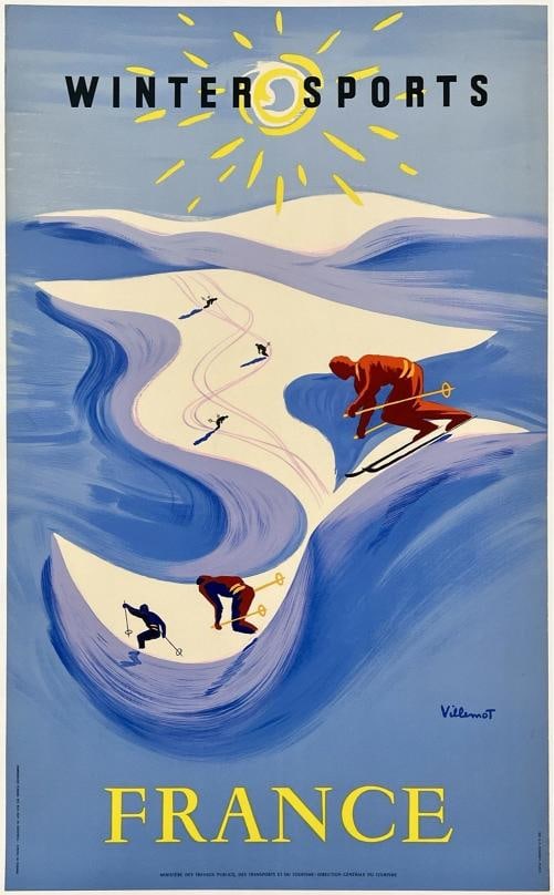 Original Vintage Poster WINTER SPORTS FRANCE Travel Tourism Villemot MCM LINEN: Dimensions: 24.3 x 39.3 in. / 61.8 x 99.7 cm.; Circa: 1954 Original vintage "WINTER SPORTS - FRANCE" poster, plate signed by its artist, BERNARD VILLEMOT and printed circa 1954.