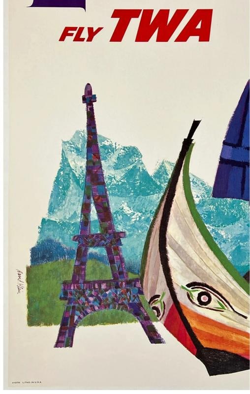Original Vintage Poster EUROPE FLY TWA UP UP & AWAY Airline Travel Tourism LINEN - 4