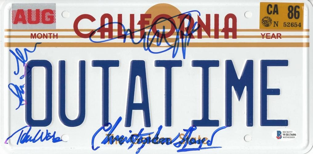 MICHAEL J FOX LLOYD THOMPSON WILSON OUTATIME BTTF SIGNED LICENSE PLATE BAS: Industry: Movies,Autograph Authentication: Beckett,Original/Reproduction: Original,Country of Origin: United States
