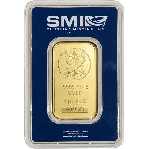 1 oz Gold Bar - Sunshine Minting - .9999 Fine in Assay: Country of Origin: United States,Certification: Uncertified,Precious Metal Content per Unit: 1 oz,Coin: Other Gold Bars & Rounds,Strike Type: Business,Brand/Mint: Sunshine Mint,Fineness: 0.9999,Total