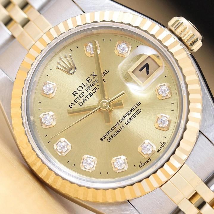 ROLEX LADIES DATEJUST 79173 CHAMPAGNE DIAMOND DIAL 18K GOLD STEEL TWO TONE WATCH: Condition: Pre-owned - Excellent,Bezel Color: Gold,Max Wrist Size: 6.26-6.75 in,Number of Jewels: 31 Jewels,Indices: Diamond Markers, 12-Hour Dial,Band: Rolex Two-Tone Jubilee Bracelet,Bezel: Rolex 18