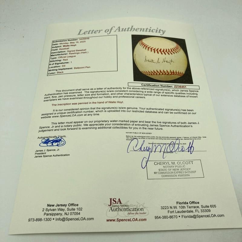 Waite Hoyt Single Signed Official League Baseball JSA COA RARE - 5