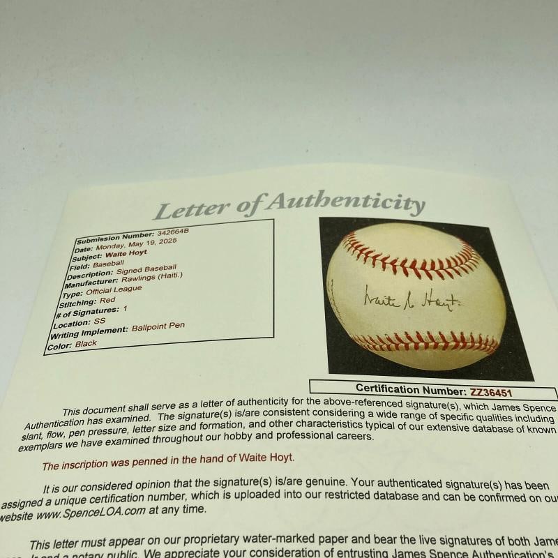 Waite Hoyt Single Signed Official League Baseball JSA COA RARE - 6