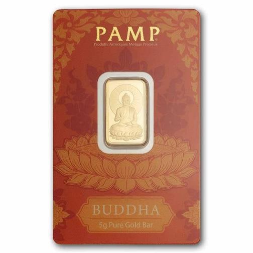 5 gram Gold Bar - PAMP Suisse Buddha (In Assay w/ Sleeve): Brand: PAMP Suisse,Year: N/A,Fineness: 0.9999,Denomination: N/A,Country of Origin: Switzerland,Circulated/Uncirculated: Circulated,Certification: Uncertified