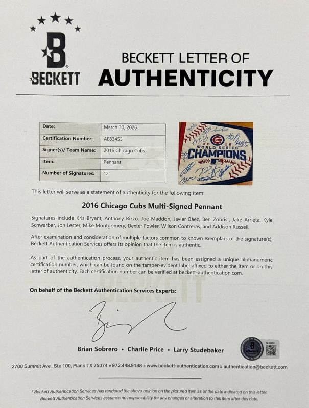 2016 Chicago Cubs World Series Champs Team Signed Large Pennant Beckett COA - 3