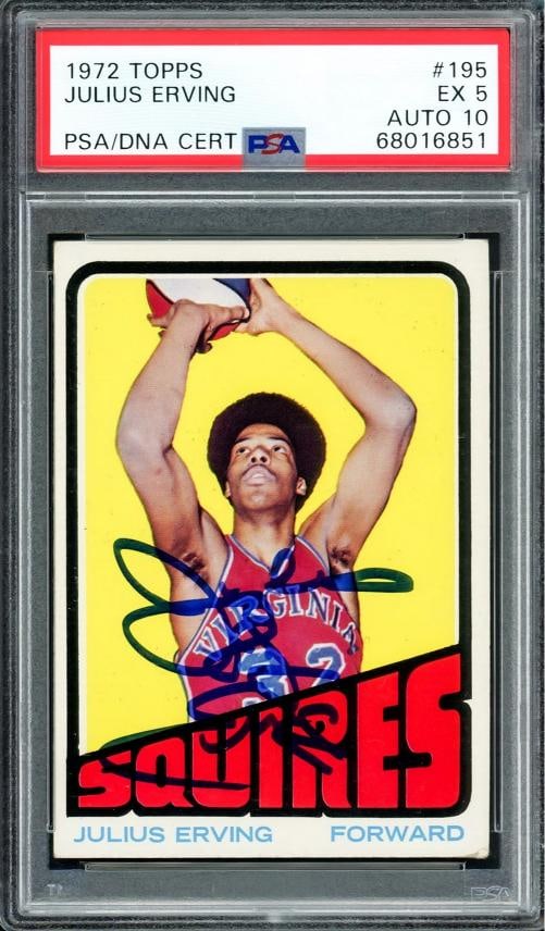 Julius Dr. J Erving Signed 1972-73 Topps RC 195 76ers PSA 5 Auto 10 PSA/DNA: Condition: Ungraded - Very good: Not in original packaging or professionally graded,Player/Athlete: Julius Dr.,Player: Julius Dr.,Team: Philadelphia 76ers,Sport: Basketball,Product: Card,Autographed: