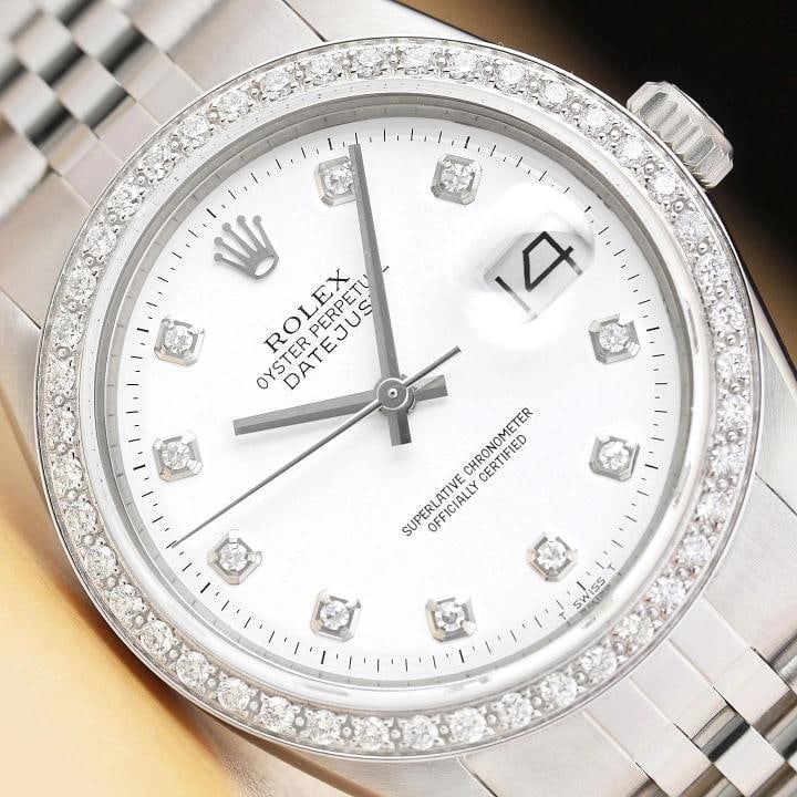 ROLEX MENS DATEJUST WHITE DIAL 18K WHITE GOLD SS DIAMOND WATCH w/ JUBILEE BAND: Condition: Pre-owned - Excellent,Bezel Color: Silver,Max Wrist Size: 7.26-7.5 in,Number of Jewels: 26 Jewels,Indices: Diamond Markers,Bezel: Custom 18K White Gold Diamond Bezel,Band/Strap: