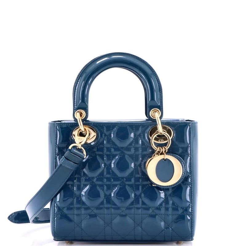 Christian Dior Lady Dior Bag Cannage Quilt Patent Small: Condition: Pre-owned - Good,Brand: Christian Dior,Exterior Material: Patent Leather,Style: Top Handle,Exterior Color: Blue,Department: Women,Size: Small,Accessories: With Strap