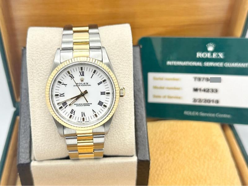 Rolex Oyster Perpetual 14233 34mm White Dial 18k Gold Steel Box Service Card - 2