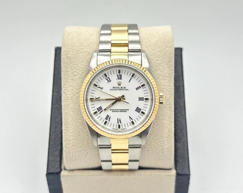 Rolex Oyster Perpetual 14233 34mm White Dial 18k Gold Steel Box Service Card - 3