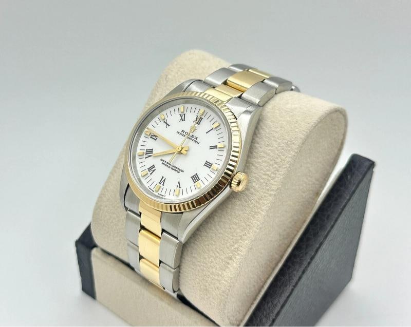 Rolex Oyster Perpetual 14233 34mm White Dial 18k Gold Steel Box Service Card - 4