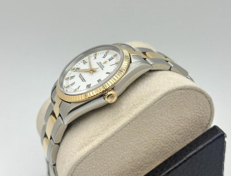 Rolex Oyster Perpetual 14233 34mm White Dial 18k Gold Steel Box Service Card - 5