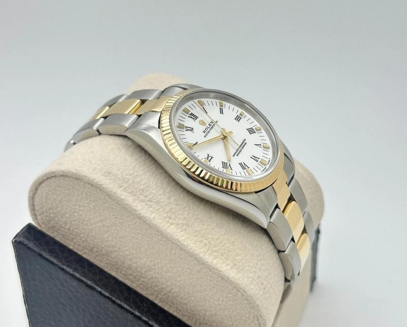 Rolex Oyster Perpetual 14233 34mm White Dial 18k Gold Steel Box Service Card - 6