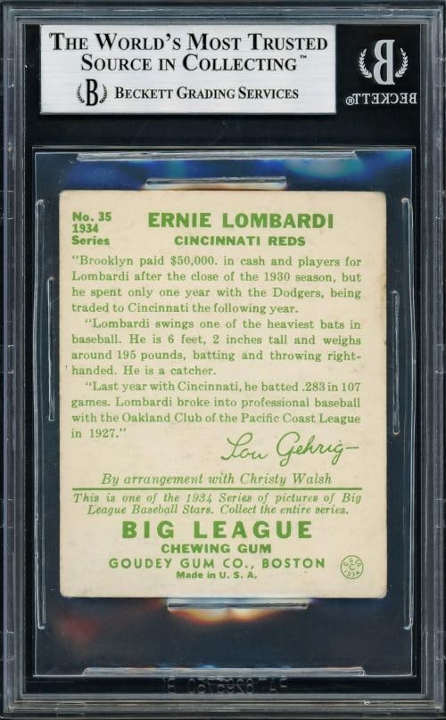 Ernie Lombardi Signed 1934 Goudey RC 35 Cincinnati Reds Beckett #13889678 - 2