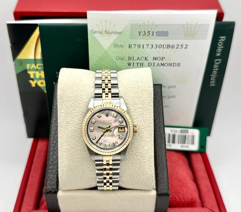 2002 Rolex Ladies Datejust 79173 Black MOP Diamond Dial Steel 18k Gold Box Paper - 2