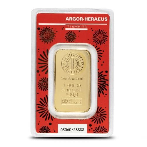 2024 1 oz Argor Heraeus Lunar Dragon Gold Bar (New w/ Assay): Brand/Mint: Argor Heraeus,Certification: Assay Card,Precious Metal Content per Unit: 1.00000,Fineness: 0.9999,Composition: Gold,Shape: Bar,Country of Origin: Switzerland