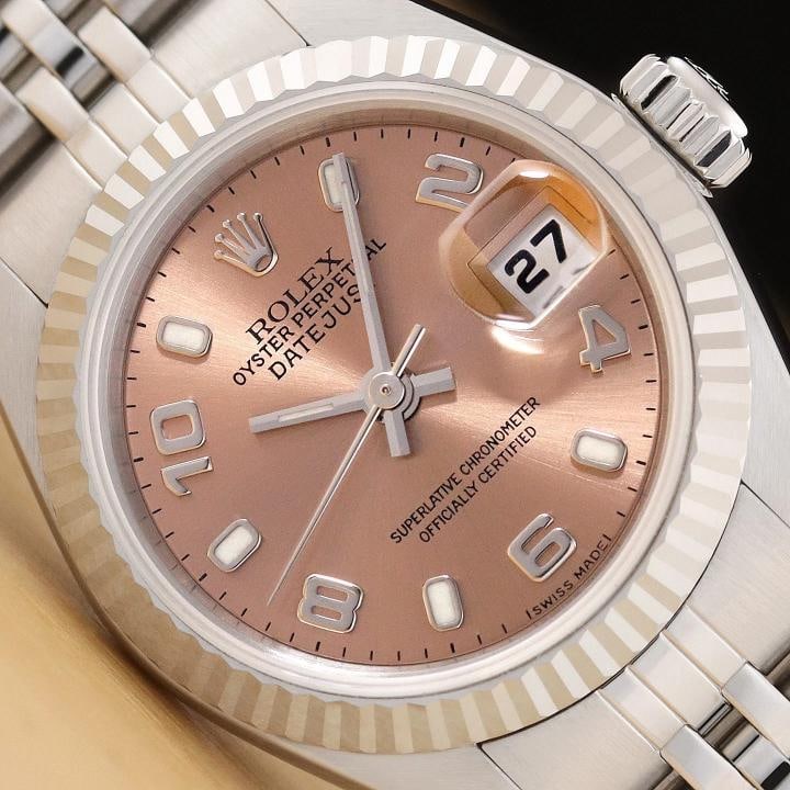 ROLEX LADIES DATEJUST 79174 SALMON ARABIC DIAL 18K WHITE GOLD STEEL WATCH: Condition: Pre-owned - Excellent,Bezel Color: Silver,Max Wrist Size: 6.26-6.75 in,Number of Jewels: 31 Jewels,Indices: Arabic Numerals, 12-Hour Dial,Band: Rolex Stainless Steel Jubilee