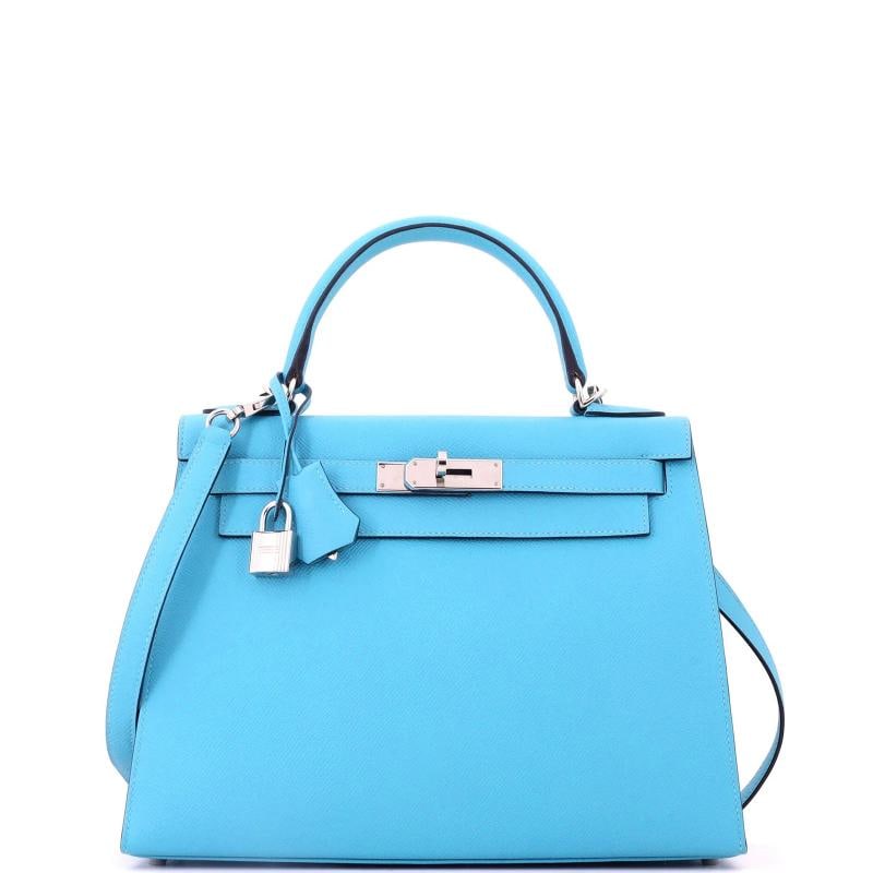 Hermes Kelly Handbag Blue Epsom with Palladium Hardware 28: Condition: Pre-owned - Excellent,Brand: Hermes,Exterior Material: Leather,Style: Shoulder Bags,Exterior Color: Blue,Department: Women,Size: 28,Accessories: Keys, Lock, Clochette, Dust Bag, With Strap