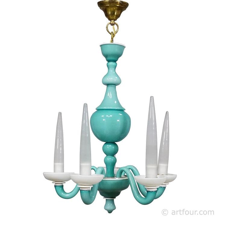 Murano Art Glass Chandelier by Gio Ponti for Venini 1940s: Condition: Used,Brand: Unbranded,Type: Chandelier,Country of Origin: Italy A magnificent chandelier from Murano, designed in 1946 by Gio Ponti for Venini, Venice. White opaque "lattimo" glass with sev