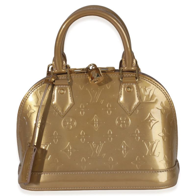 Louis Vuitton Beige Poudre Monogram Vernis Alma BB: Condition: Pre-owned - Good,Dimensions: 9.5 x 7 x 4.5,Handbag Accessories: Clochette;Dustbag;Lock;Key,Bag Width: 9.5 in,Bag Depth: 4.5 in,Bag Height: 7 in,Department: Unisex,Style: Top Handle,Material