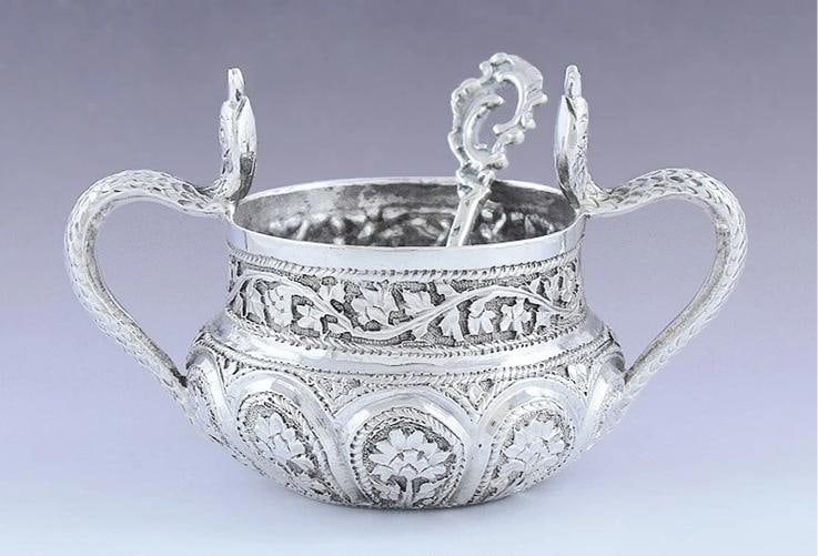 Wonderful 3pc Indian Silver Open Salt Cellar & Shaker Set w/ Cobras - 4