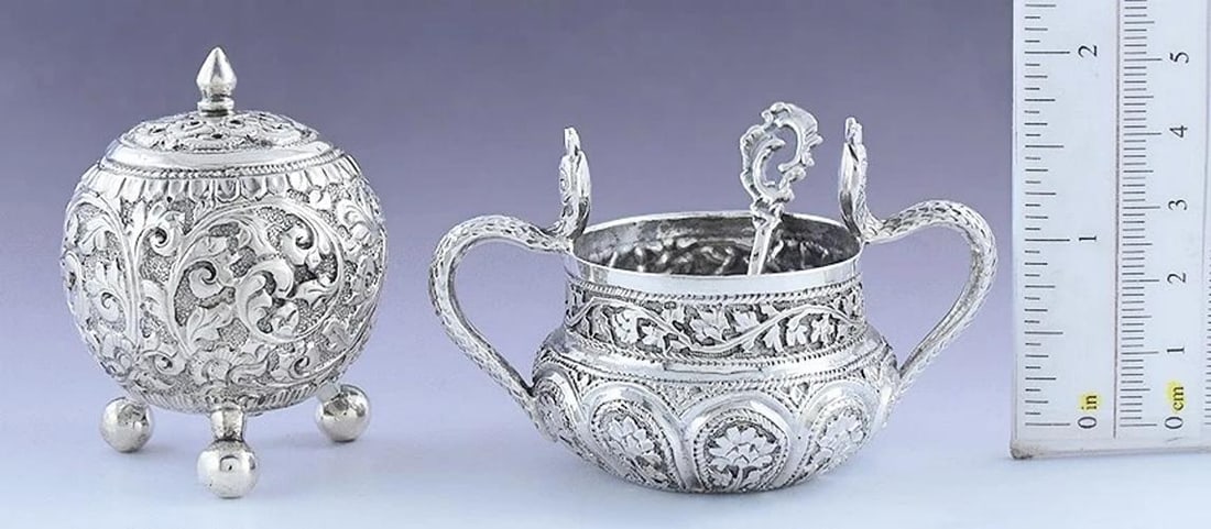 Wonderful 3pc Indian Silver Open Salt Cellar & Shaker Set w/ Cobras - 6