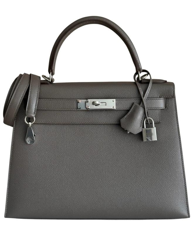 Hermes Kelly 28 Sellier Etain Gray Epsom Leather Palladium Hardware RARE: 8"H x 11.5"x 4". Condition: Pre-owned - Excellent,Bag Width: 11.5 in,Closure: Turn Lock,Handle/Strap Color: Gray,Size: Small,Hardware Color: Silver,Bag Depth: 4 in,Vintage: No,Personalize: