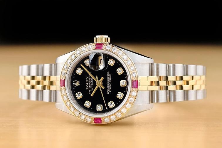 ROLEX LADIES DATEJUST 69173 BLACK FACTORY DIAMOND DIAL 18K GOLD STEEL RUBY WATCH - 2