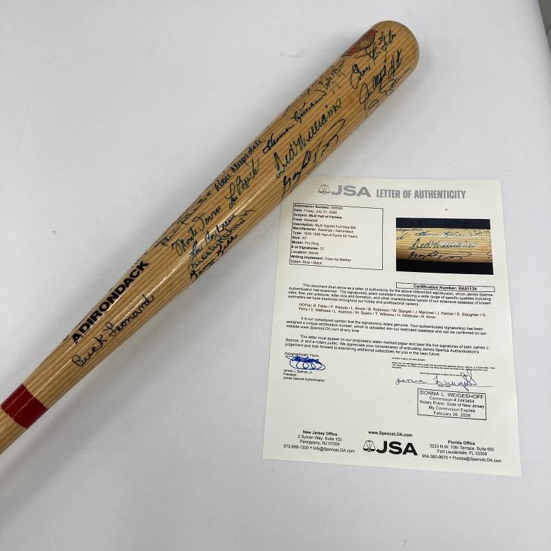 Beautiful Hall Of Fame Legends Multi Signed Baseball Bat 37 Sig Ted Williams JSA: 37 signatures with: Ted Williams, Bob Feller, Phil Rizzuto, Lou Brock, Brooks Robinson, Willie Stargell, John Marichal, Jim Palmer, Enos Slaughter, George Perry, Eddie Mathews, Al Aparecio, Warren Spa