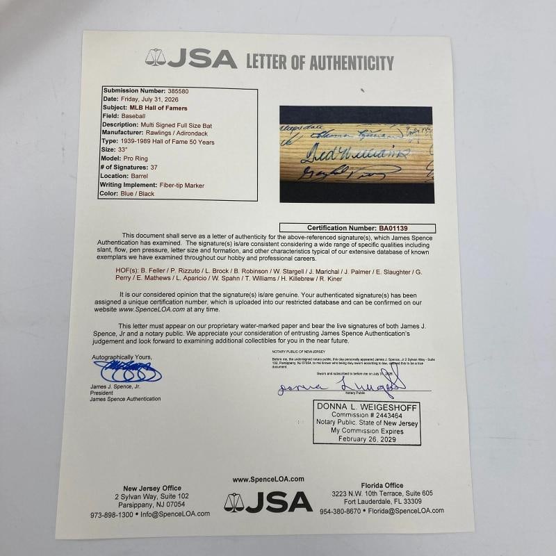 Beautiful Hall Of Fame Legends Multi Signed Baseball Bat 37 Sig Ted Williams JSA - 2