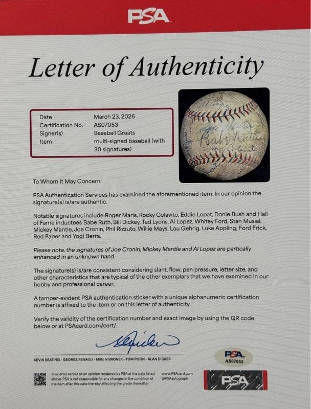 Babe Ruth, Lou Gehrig, Mickey Mantle & Roger Maris Signed Baseball (PSA LOA) - 7