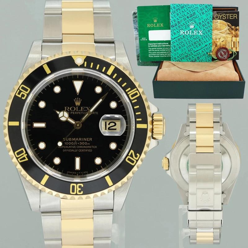 MINT Rolex Submariner 16613LN Gold Two Tone Yellow Gold Black Watch Box: Condition: Pre-owned - Excellent,Brand: Rolex,Department: Unisex Adults,Type: Wristwatch,Model: Submariner,Reference Number: 16613LN,With Original Box/Packaging: Yes,With Papers: No,Customized: No,UPC