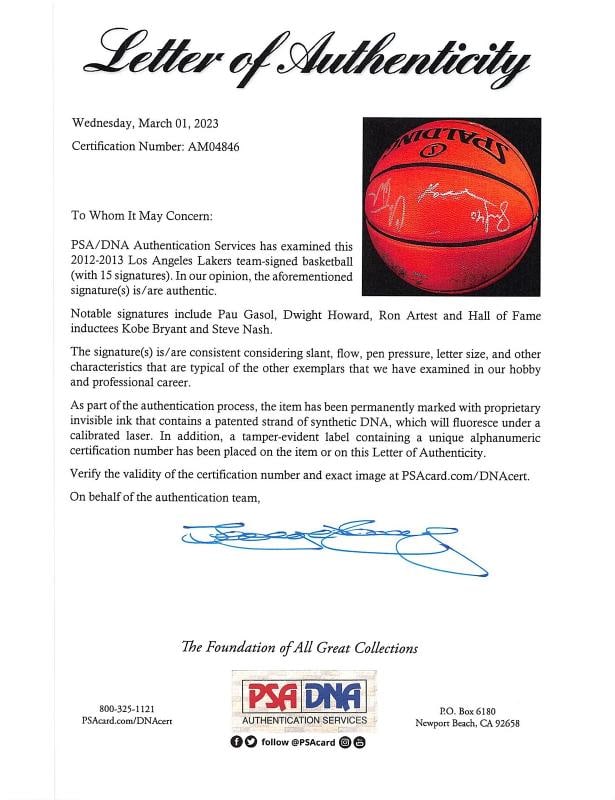 2012 Lakers Multi-Signed Spalding Basketball With 14 SIgnatures Including Bryant, Nash, Gasol +11... - 8