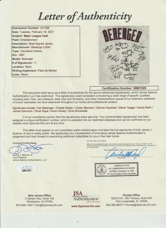 "Major League" Movie Cast Signed Tom Berenger Cleveland Indians Jersey JSA COA - 3