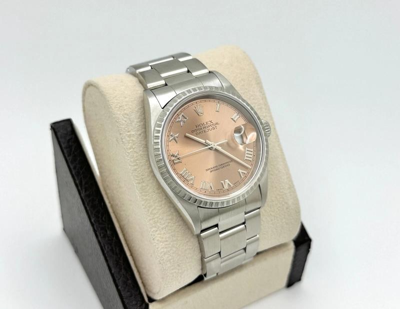 Rolex Datejust 16220 Rose Salmon Pink Roman Dial Engine Turn Steel Box Papers - 6