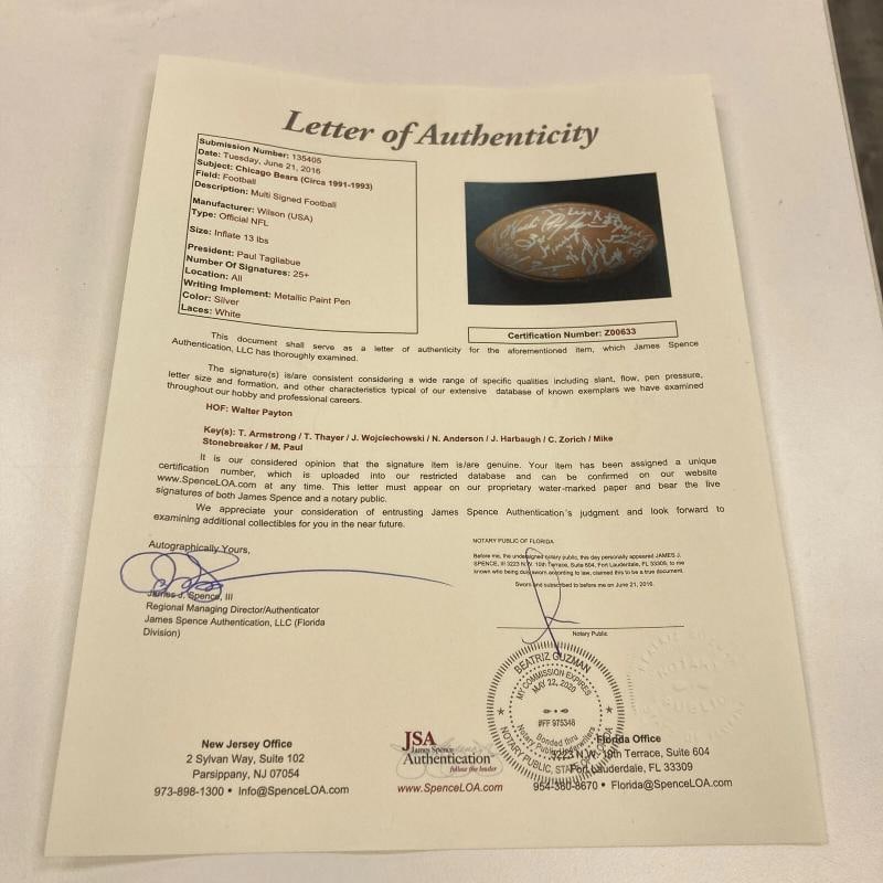 1991 Chicago Bears Team Signed Football 25+Sigs With Walter Payton JSA COA - 5