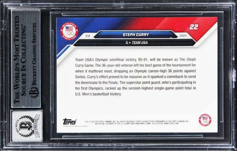 Warriors Steph Curry Signed 2024 Topps Olympic Games #22 (BGS 10 Auto) - 2