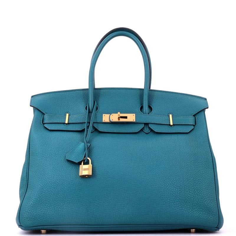 Hermes Birkin Handbag Blue Clemence with Gold Hardware 35: Accessories: Clochette, Keys, Lock Measurements: Handle Drop 4.5", Height 10", Width 14", Depth 7" . Condition: Pre-owned - Good,Brand: Hermes,Exterior Material: Leather,Style: Totes,Exterior Color: