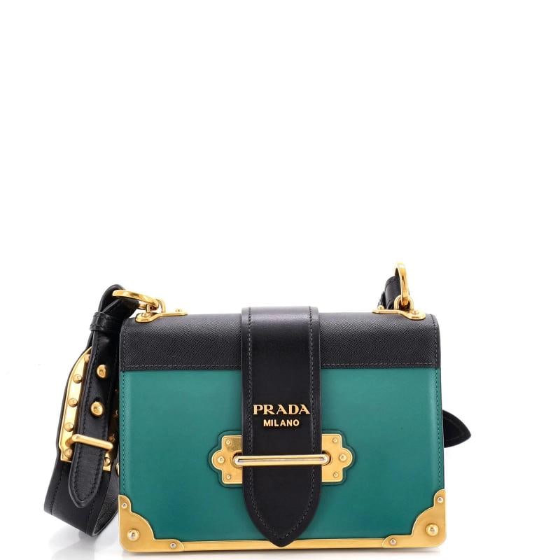Prada Cahier Crossbody Bag Leather and Saffiano Leather Small: Measurements: Handle Drop 9", Height 5.5", Width 8", Depth 3", Strap Drop 19" . Condition: Pre-owned - Good,Brand: Prada,Exterior Material: Leather,Style: Cross Body Bags,Exterior Color: